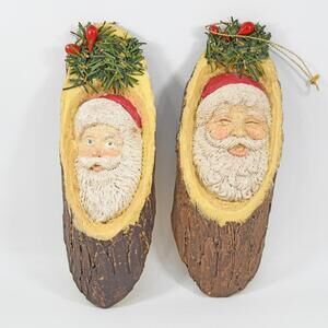 Vtg Santa Carved in Tree Branch Log Wood Look Resin Christmas Ornament FTD 6"